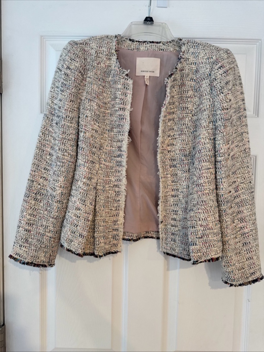 Rebecca Taylor Cream Bouclé Fringe Collarless Jacket with Multi-Tone Threading